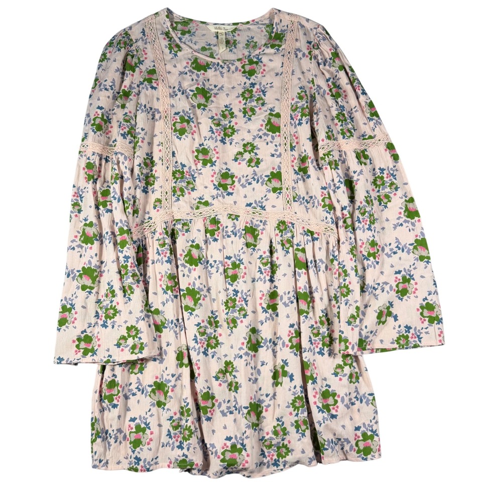 Matilda Jane Pink Floral Lace Trim Bell Sleeve Babydoll Mini Dress Small Boho